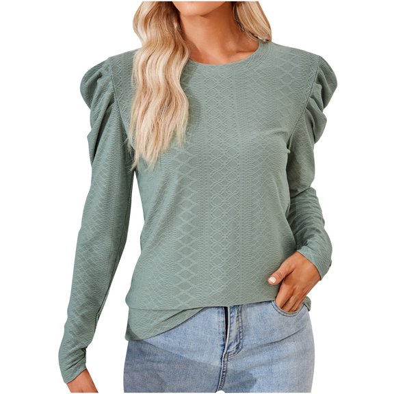 WREESH Womens Fashion Dressy Tops Solid Color Jacquards Round -Neck Long Sleeve Loose T-Shirt Pullover Green