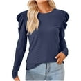 thumbnail image 1 of WREESH Womens Fashion Dressy Tops Solid Color Jacquards Round -Neck Long Sleeve Loose T-Shirt Pullover Navy, 1 of 7