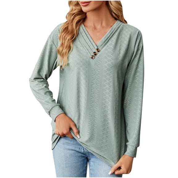 WREESH Womens Fashion Dressy Tops Solid Color Jacquards V-Neck Button Lace Long Sleeve Loose T-Shirt Pullover Green