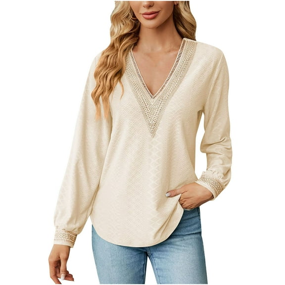 WREESH Womens Fashion Dressy Tops Solid Color Jacquards V-Neck Lace Long Sleeve Loose T-Shirt Pullover Beige