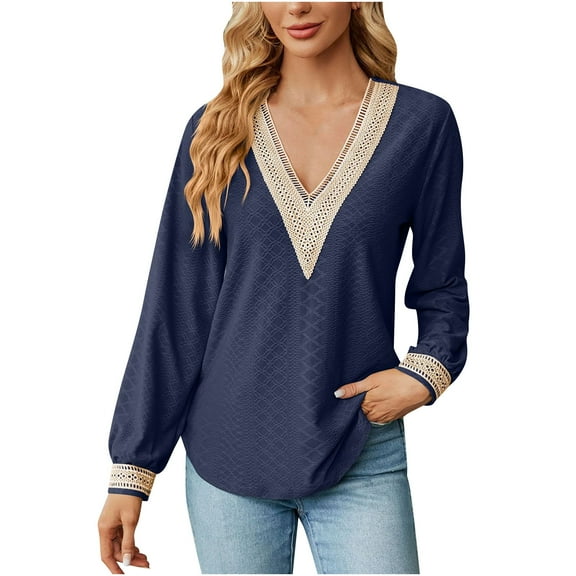 WREESH Womens Fashion Dressy Tops Solid Color Jacquards V-Neck Lace Long Sleeve Loose T-Shirt Pullover Navy