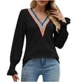 thumbnail image 1 of WREESH Womens Fashion Dressy Tops Solid Color Jacquards V-Neck Long Sleeve Loose T-Shirt Pullover Black, 1 of 5