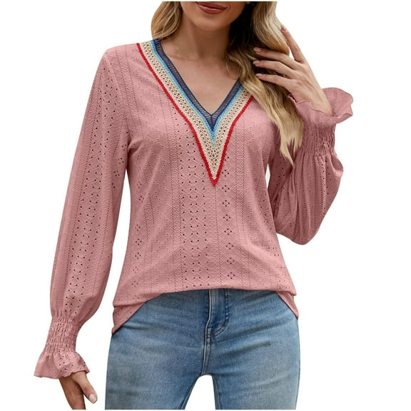 WREESH Womens Fashion Dressy Tops Solid Color Jacquards V-Neck Long Sleeve Loose T-Shirt Pullover Hot Pink