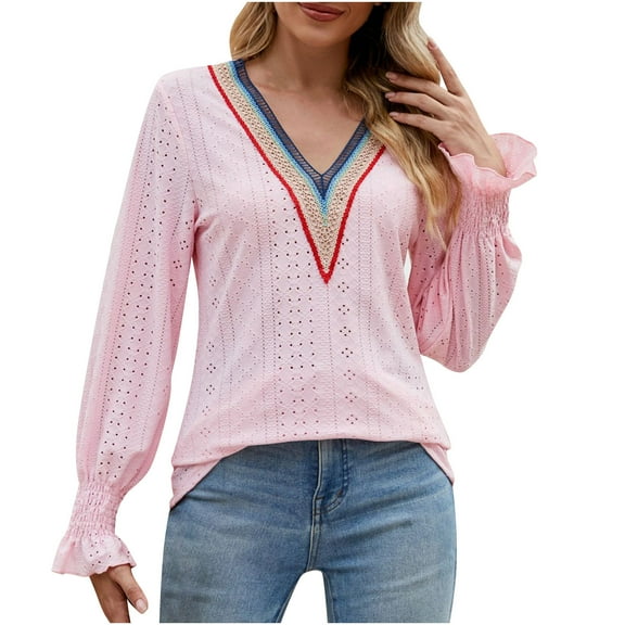 WREESH Womens Fashion Dressy Tops Solid Color Jacquards V-Neck Long Sleeve Loose T-Shirt Pullover Pink