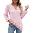 thumbnail image 1 of WREESH Womens Fashion Dressy Tops Solid Color Jacquards V-Neck Long Sleeve Loose T-Shirt Pullover Pink, 1 of 6