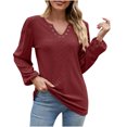 thumbnail image 1 of WREESH Womens Fashion Dressy Tops Solid Color Jacquards V-Neck Long Sleeve Loose T-Shirt Pullover Wine, 1 of 6
