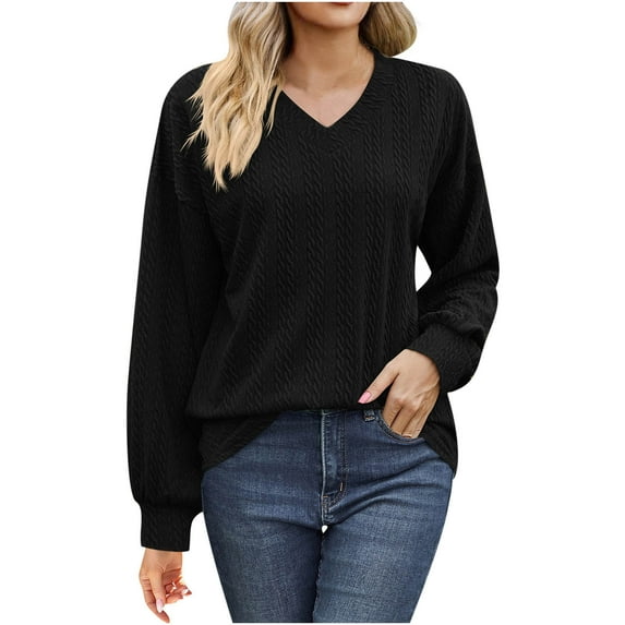 WREESH Womens Fashion Dressy Tops Solid Color Jacquards Winter V-Neck Length Long Sleeve Casual Shirt Blouse Pullover Black