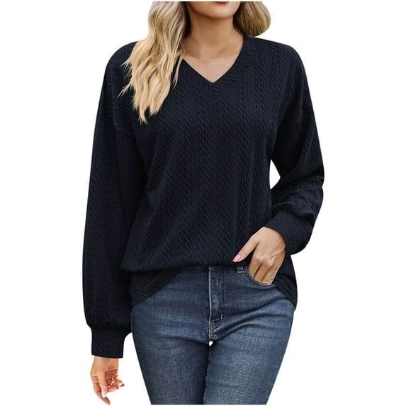 WREESH Womens Fashion Dressy Tops Solid Color Jacquards Winter V-Neck Length Long Sleeve Casual Shirt Blouse Pullover Navy