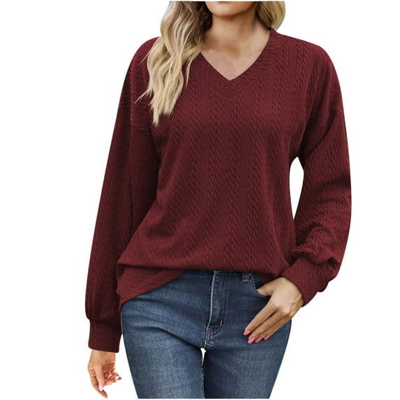 WREESH Womens Fashion Dressy Tops Solid Color Jacquards Winter V-Neck Length Long Sleeve Casual Shirt Blouse Pullover Wine