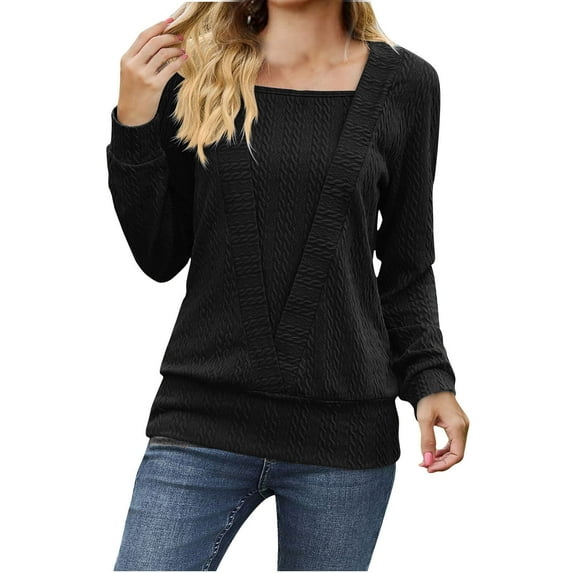 WREESH Womens Fashion Dressy Tops Square-Neck Solid Color Jacquards Winter-Neck Long Sleeve Casual Shirt Blouse Pullover Black