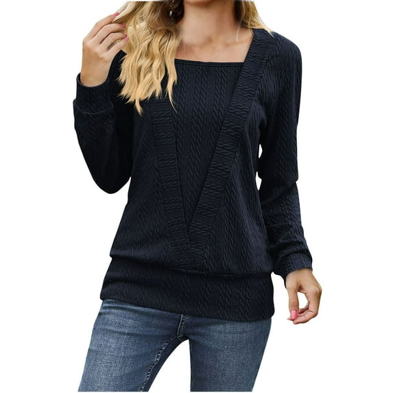 WREESH Womens Fashion Dressy Tops Square-Neck Solid Color Jacquards Winter-Neck Long Sleeve Casual Shirt Blouse Pullover Navy