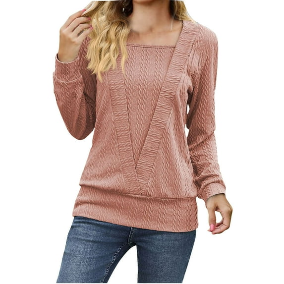 WREESH Womens Fashion Dressy Tops Square-Neck Solid Color Jacquards Winter-Neck Long Sleeve Casual Shirt Blouse Pullover Pink