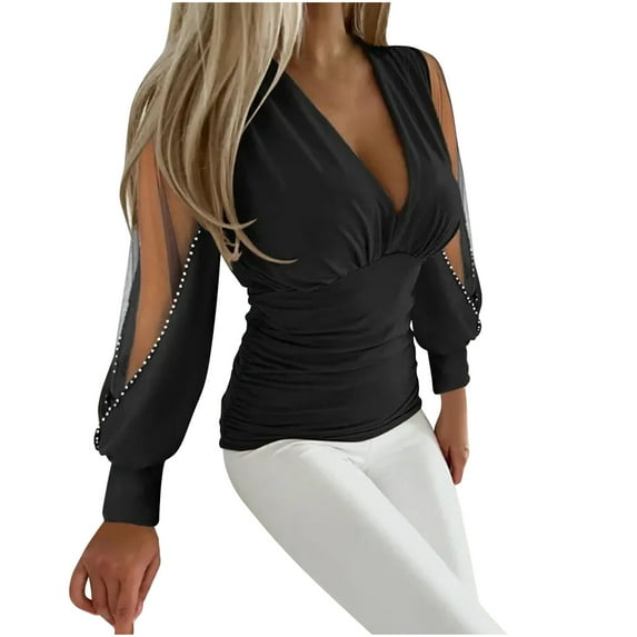 WREESH Womens Fashion Dressy Tops V-Neck Solid Color Business Casual Tops Winter Lace Splicing Long Sleeve Waisted Shirt Casual T-Shirt Tops Blouse Pullover Black