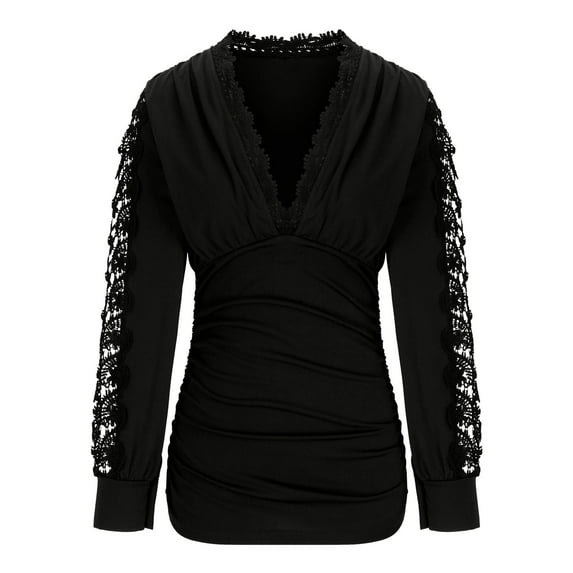 WREESH Womens Fashion Dressy Tops V-Neck Winter Lace Splicing Long Sleeve Waisted Solid Color Shirt Casual T-Shirt Tops Blouse Pullover Black