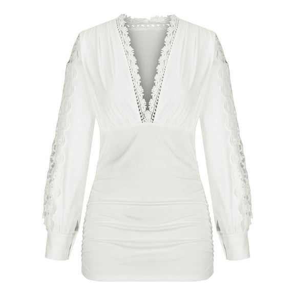 WREESH Womens Fashion Dressy Tops V-Neck Winter Lace Splicing Long Sleeve Waisted Solid Color Shirt Casual T-Shirt Tops Blouse Pullover White