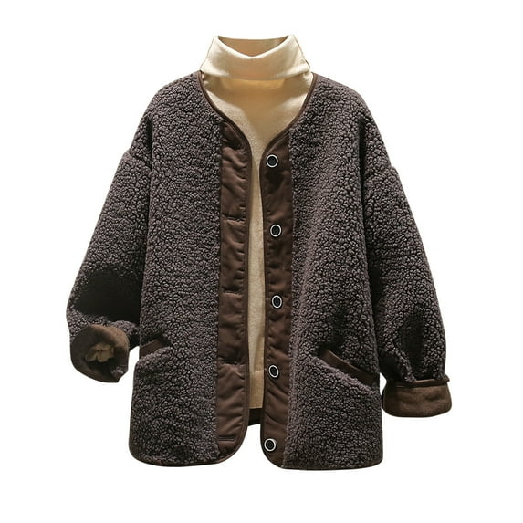 WREESH Womens Fashion Fleece Jackets Faux Fuzzy Pullover Fake Two Piece High Neck Sweater and Button Jacket Outerwear Thicken Soft Warm Top Coat Coffee