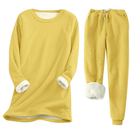 WREESH Womens Fashion Fleece Lined Crewneck Sweatshirts Two Piece Set Solid Color T-Shirt Long Sleeves Blouse Tunic Tops Pockets Pants Sets Pullover Yellow