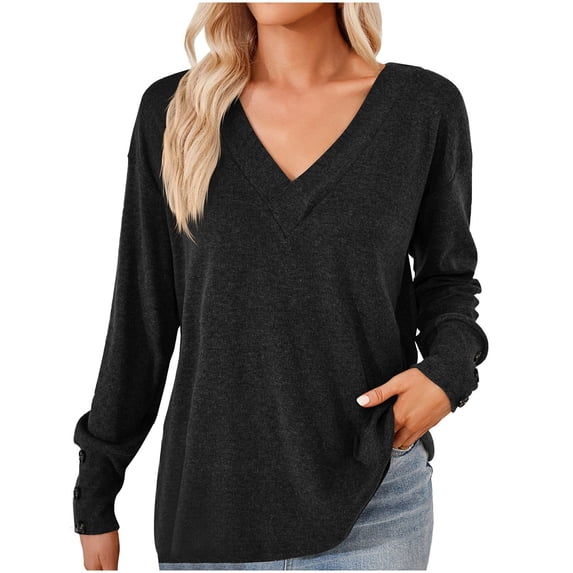 WREESH Womens Fashion Fleece Tunic Tops Solid Color V-Neck Button Loose Long Sleeve T-Shirt Pullover Black