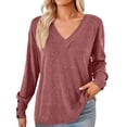 thumbnail image 1 of WREESH Womens Fashion Fleece Tunic Tops Solid Color V-Neck Button Loose Long Sleeve T-Shirt Pullover Purple, 1 of 5