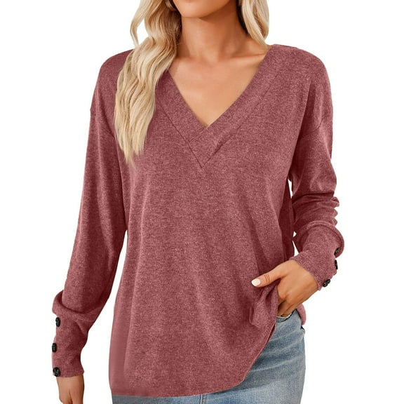 WREESH Womens Fashion Fleece Tunic Tops Solid Color V-Neck Button Loose Long Sleeve T-Shirt Pullover Purple