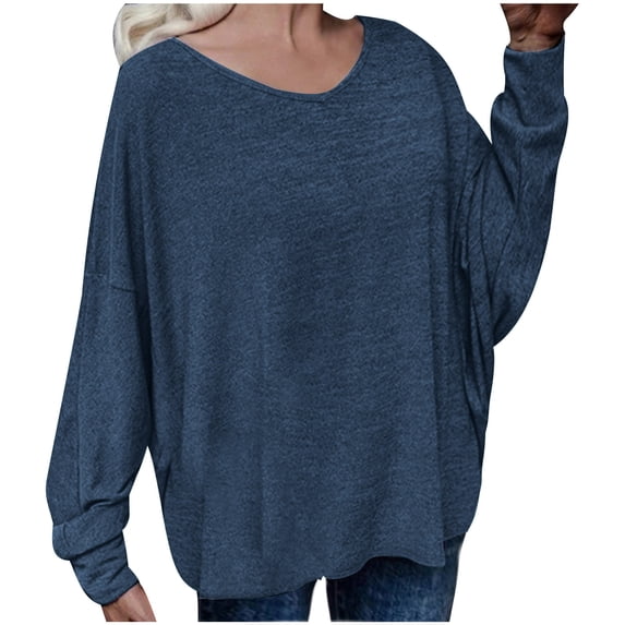 WREESH Womens Fashion Flowy Tops Long Sleeve V-Neck Solid Color Loose Lace Up Back Shoulder Drop T-Shirt Pullover Navy