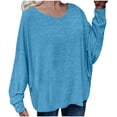 thumbnail image 1 of WREESH Womens Fashion Flowy Tops Long Sleeve V-Neck Solid Color Loose Lace Up Back Shoulder Drop T-Shirt Pullover Sky Blue, 1 of 7