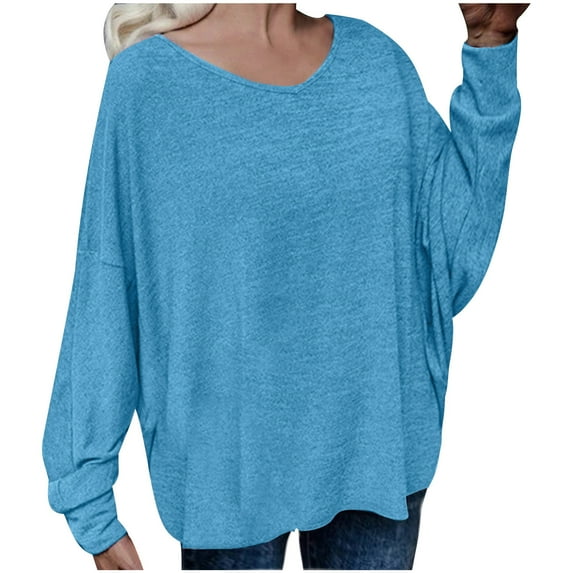 WREESH Womens Fashion Flowy Tops Long Sleeve V-Neck Solid Color Loose Lace Up Back Shoulder Drop T-Shirt Pullover Sky Blue
