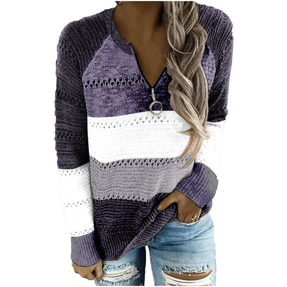 WREESH Womens Fashion Half Zip Sweatshirt V Neck Color Block Pullover Top Regular Fit Long Sleeve Tops Casual Patchwork Zipper Knitted Shirt Tops Blouse Purple