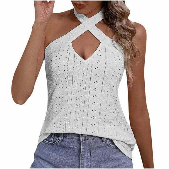 WREESH Womens Fashion Halter Tops Sleeveless Solid Color Strap Knitted Tank Versatile Strap T-Shirt Pullover White