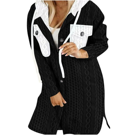 WREESH Womens Fashion Hooded Knit Cardigans Loose Fall Casual Pocket V Neck Long Sleeve Color Block Tops Outerwear Black