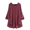 thumbnail image 1 of WREESH Womens Fashion Hoodie Solid Color Long Sleeve Hooded Button Round Neck Cotton Linen T-Shirt Wine, 1 of 7