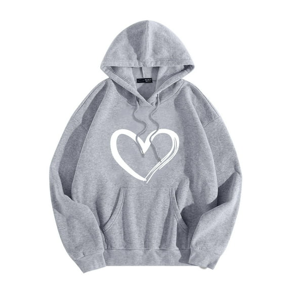 WREESH Womens Fashion Hoodie Valentine's Day Heart Print Round Neck Long Sleeve Hooded T-Shirt Loose Tops Blouse Gray