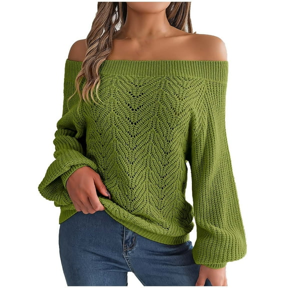 WREESH Womens Fashion Knit Sweater Casual Off The Shoulder Sweater Solid Color Pullover Loose Fit Long Sleeve Tops Hollow Out One Line Neck Off Shoulder Lantern Sweater Green