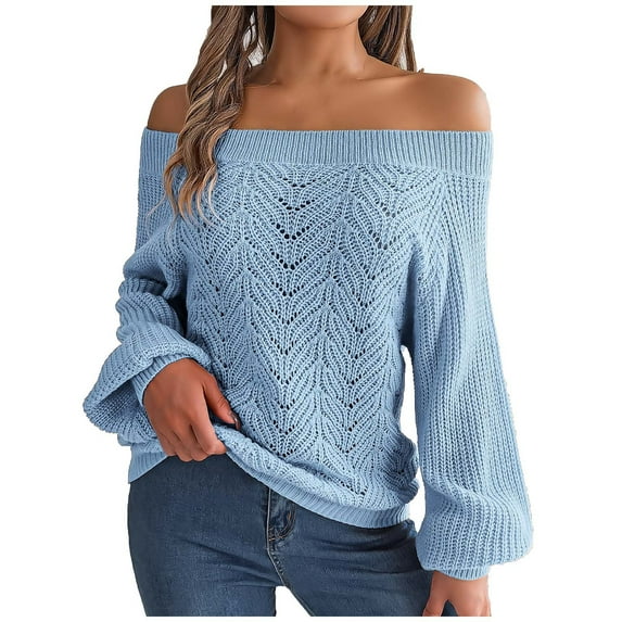 WREESH Womens Fashion Knit Sweater Casual Off The Shoulder Sweater Solid Color Pullover Loose Fit Long Sleeve Tops Hollow Out One Line Neck Off Shoulder Lantern Sweater Blue