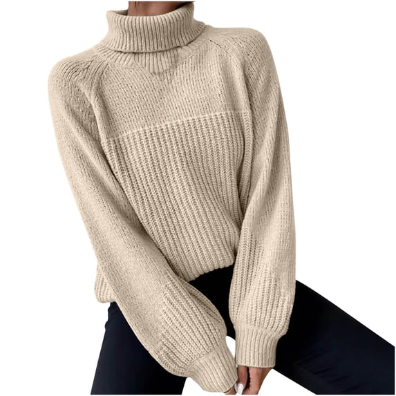 WREESH Womens Fashion Knit Sweater Turtleneck Sweater Solid Color Pullover Regular Fit Long Sleeve Tops Capless Choker Commuting Fallow Jacket Khaki