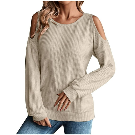 WREESH Womens Fashion Knit Sweaters V-Neck Loose Solid Color Long Sleeve Off-The-Shoulder Button Fallow Tops Pullover Khaki