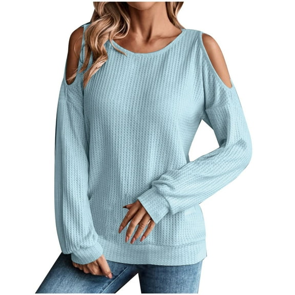 WREESH Womens Fashion Knit Sweaters V-Neck Loose Solid Color Long Sleeve Off-The-Shoulder Button Fallow Tops Pullover Light Blue