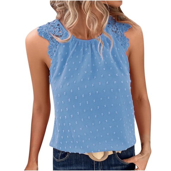 WREESH Womens Fashion Lace Halter Tank Tops For Summer Round Neck Sleeveless Tops Casual Solid Color Loose Blouse Pullover Blue