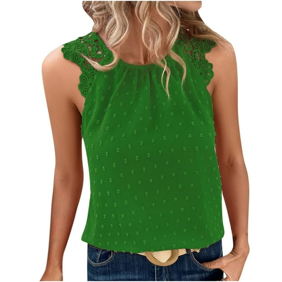 WREESH Womens Fashion Lace Halter Tank Tops For Summer Round Neck Sleeveless Tops Casual Solid Color Loose Blouse Pullover Green