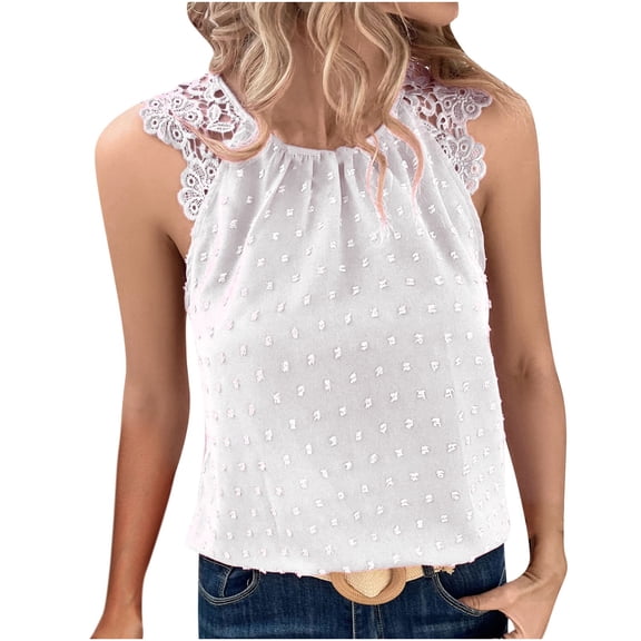 WREESH Womens Fashion Lace Halter Tank Tops For Summer Round Neck Sleeveless Tops Casual Solid Color Loose Blouse Pullover White