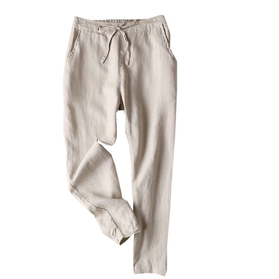 WREESH Womens Fashion Linen Pants, Solid Cropped Pants, Oversized Cotton and Linen Pants, Loose Casual Pants, Drawstring Straight Leg Trousers Beige