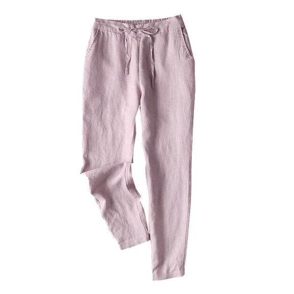 WREESH Womens Fashion Linen Pants, Solid Cropped Pants, Oversized Cotton and Linen Pants, Loose Casual Pants, Drawstring Straight Leg Trousers Pink