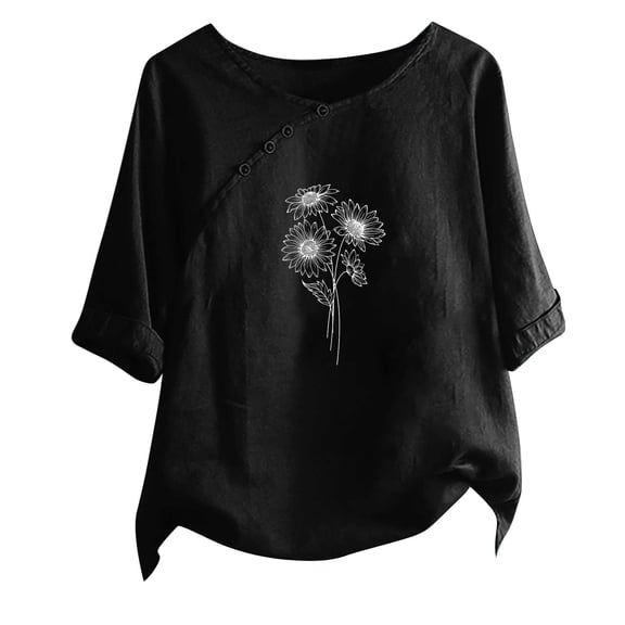 WREESH Womens Fashion Linen Shirts Loose Printed T-Shirt Short Sleeves Blouse Round Neck Casual Tops Black