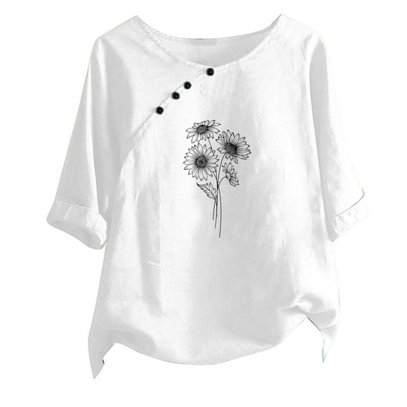 WREESH Womens Fashion Linen Shirts Loose Printed T-Shirt Short Sleeves Blouse Round Neck Casual Tops White