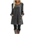 thumbnail image 1 of WREESH Womens Fashion Long Puff Sleeve Dress Side Button Casual Solid Color Long Sleeve Round-Neck Calf Dress Pullover Dark Gray, 1 of 8