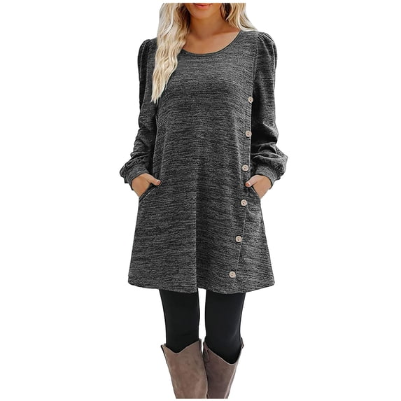 WREESH Womens Fashion Long Puff Sleeve Dress Side Button Casual Solid Color Long Sleeve Round-Neck Calf Dress Pullover Dark Gray