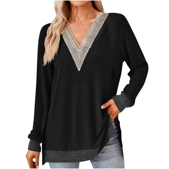 WREESH Womens Fashion Loose Blouse Solid Color V-Neck Split Loose Long Sleeve T-Shirt Pullover Black