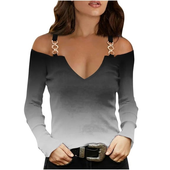 WREESH Womens Fashion Off The Shoulder Tops Slim V Neck Casual Gradient Color T-Shirts Long Sleeve Pullover Blouse Tops Black