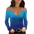 thumbnail image 1 of WREESH Womens Fashion Off The Shoulder Tops Slim V Neck Casual Gradient Color T-Shirts Long Sleeve Pullover Blouse Tops Blue, 1 of 5