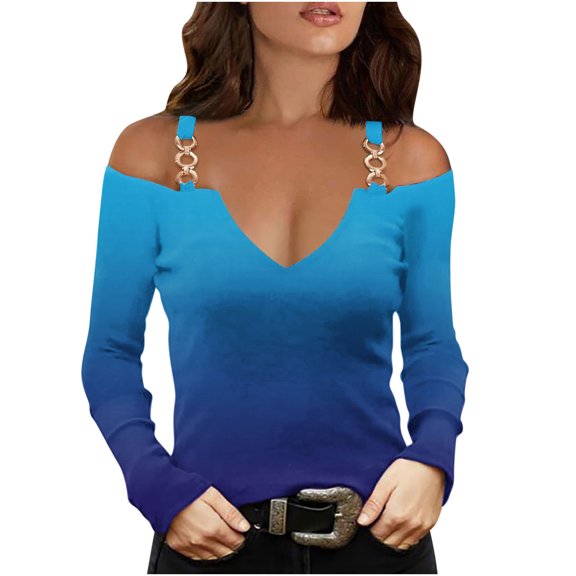WREESH Womens Fashion Off The Shoulder Tops Slim V Neck Casual Gradient Color T-Shirts Long Sleeve Pullover Blouse Tops Blue
